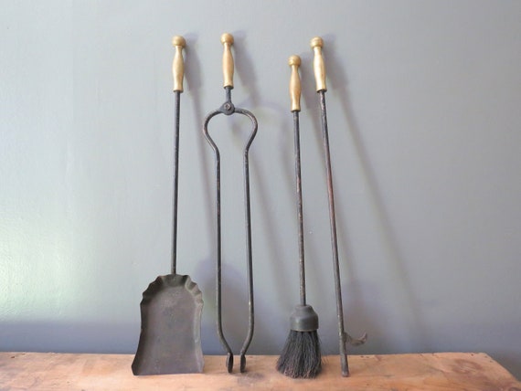 60s Mid Century Modern Brass Gold Knob Handled 4 Piece Fireplace