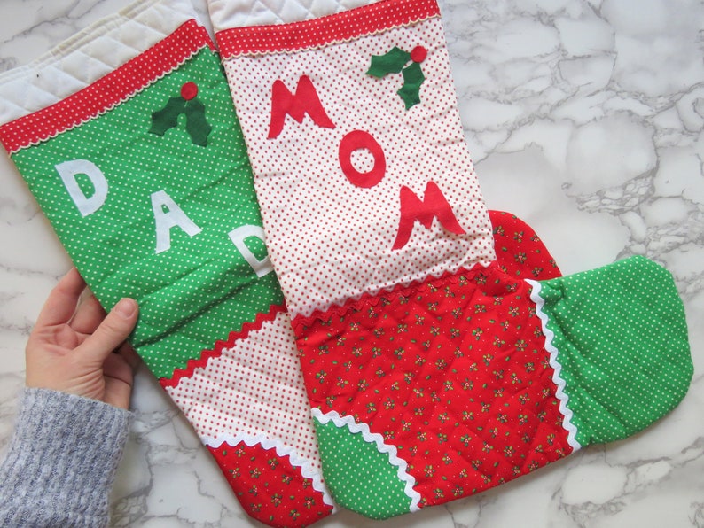 Parents' Stockings Pair // Vintage Mom and Dad Fabric Christmas Stocking Red Green White Kitsch Nostalgic Holiday Quilted Sewn 1970's 1980's image 1