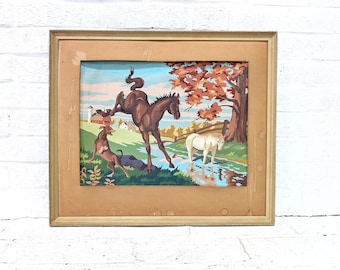 Horse Paint By Number Painting // 1950's Vintage Framed Foal Colt Farm Painting, Amateur Collectible Art Colorful Farmhouse Dog Art 18"x21"