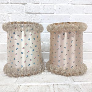 Vintage Ruffled Lamp Shade // ONE Floral Fabric Lampshade with Lace Ruffle Trim, Boudoir Vanity Lamp Shade White Pink 1960&#39;s Era