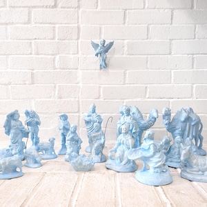 Atlantic Mold Nativity Set // Vintage Blue Ceramic Christmas Display Figurines 19 Pieces Religious Christian Holiday Statues 1970&#39;s 1980&#39;s