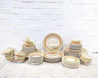 Juego de vajilla antigua a rayas // Vajilla artesanal de porcelana Woods Ivory Ware para 7-12 platos y tazas de té, estilo Art Déco, estilo rústico