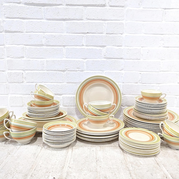 Antique Striped Dishes Set // Woods Ivory Ware Handcraft China Dinnerware Service for 7-12 Plates Teacups Art Deco Country Cottage