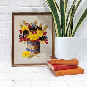 Crewel Flower Bouquet Embroidery // Vintage Finished Floral Basket Yarn Embroidered Art Rustic Mod Decor Cottage Chic 1960&#39;s 1970&#39;s Artwork