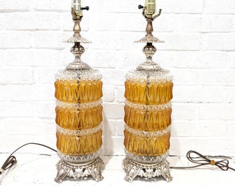 Vintage 1960's Glass Lamps // Pair Orange and Clear Textured Glass Table Lamps, Mid Century Metallic Glam Lights Boudoir Bedside Lamps