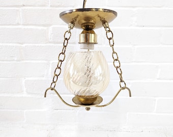 Mid Century Hanging Light Fixture // Vintage Brass Finished Champagne Amber Glass Shade Entryway Hallway Kitchen, Two Available