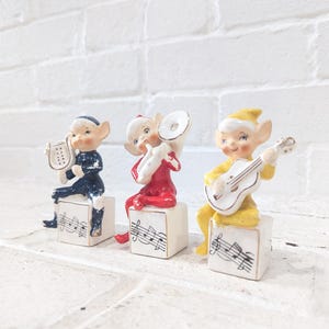 Napco Musical Elves Set // Vintage Ceramic Elf Figurines, Holiday Christmas Decorations Pixies Choir Set of Three Kitschy Cute Japan