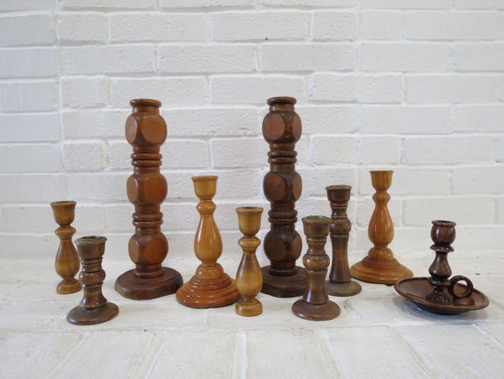 Vintage Wooden Candlesticks Collection // 10 Wooden Candleholders,  Mismatched Rustic Boho Centerpiece, Wedding Decorations Mid Century 