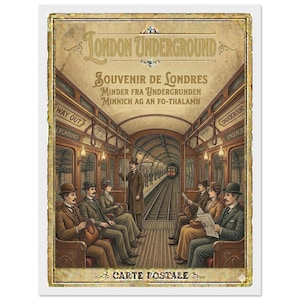 Puede incluir: Cartel vintage del metro de Londres con una ilustración detallada de un vagón de tren lleno de pasajeros. El cartel incluye texto en varios idiomas, incluyendo "London Underground" y "Souvenir de Londres". La combinación de colores es principalmente sepia y marrón.