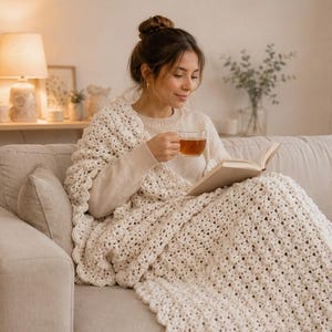 May include: A cream-colored, chunky crochet blanket with a textured, repeating stitch pattern and a scalloped edge. The blanket is draped over a person wearing a matching cream-colored sweater, who is holding a glass mug of tea and an open book.