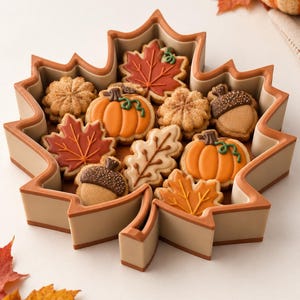 Può includere: Un vassoio da portata a forma di foglia d'acero con pareti beige chiaro e bordo marrone, riempito con un assortimento di biscotti a tema autunnale, tra cui zucche arancioni, ghiande marroni e foglie d'acero con glassa dettagliata.