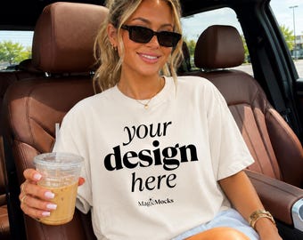 IVORY Comfort Colors 1717 Shirt Mockup, C1717, T-Shirt Mock-up, Lifestyle On Model In The Car Trendy Coquette Summer Shirt POD Mock