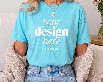 LAGOON BLUE Comfort Colors C1717 Tshirt Mockup Bundle | Female Model CC 1717 T-Shirt Mock-up | Cozy Fall Trendy Lifestyle Boho Aesthetic