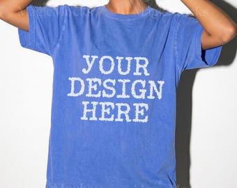 Comfort Colors C1717 Flo Blue Tshirt Mockup | CC 1717 T-Shirt Mock-up | Realistic Studio Female Model | Trendy Oversized Women Shirt Mock