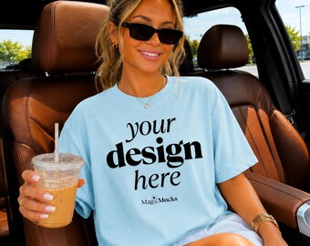 CHAMBRAY Comfort Colors C1717 Tshirt Mockup | CC 1717 T-Shirt Mock-up | Lifestyle On Model In The Car Trendy Coquette Summer Shirt POD Mock