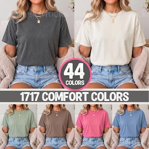 May include: A collection of Comfort Colors 1717 t-shirts in various solid colors, including charcoal, cream, sage green, brown, pink, and blue. Each shirt features a crew neckline, short sleeves, and a relaxed fit, paired with denim shorts.