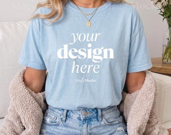 Paquete de maquetas de camisetas CHAMBRAY Comfort Colors C1717 / Maqueta de camiseta CC 1717 para modelo femenina / Camiseta cómoda de estilo bohemio para otoño y moda
