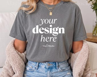 Paquete de maquetas de camisetas Grey Comfort Colors C1717 / Maqueta de camiseta para modelo femenina CC 1717 / Camiseta cómoda de estilo bohemio para otoño y moda