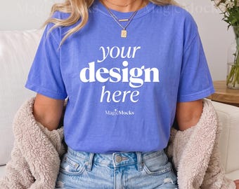 Paquete de maquetas de camisetas FLO BLUE Comfort Colors C1717 / Maqueta de camiseta CC 1717 para modelo femenina / Camiseta cómoda de estilo bohemio para otoño y moda