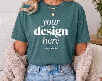 BLUE SPRUCE Comfort Colors C1717 Tshirt Mockup Bundle | Female Model CC 1717 T-Shirt Mock-up | Cozy Fall Trendy Lifestyle Boho Aesthetic