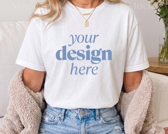 WHITE Comfort Colors C1717 Tshirt Mockup Bundle | Female Model CC 1717 T-Shirt Mock-up | Cozy Fall Trendy Lifestyle Boho Aesthetic Shirt
