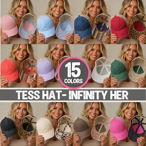 May include: A collection of fifteen baseball caps in various solid colors and patterns, including pink, blue, denim, red, leopard print, orange, purple, green, and black. Each hat features a structured crown and a curved brim with a patterned underside.