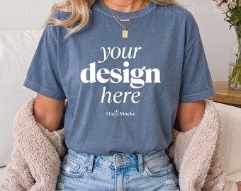 Paquete de maquetas de camisetas DENIM Comfort Colors C1717 / Maqueta de camiseta CC 1717 para modelo femenina / Camiseta cómoda de estilo bohemio para otoño y moda