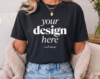 BLACK Comfort Colors C1717 Tshirt Mockup Bundle | Female Model CC 1717 T-Shirt Mock-up | Cozy Trendy Boho Aesthetic Lifestyle | Fall Shirt