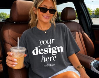 GRAPHITE Comfort Colors 1717 Shirt Mockup, C1717, T-Shirt Mock-up, Lifestyle On Model In The Car Trendy Coquette Summer Shirt POD Mock