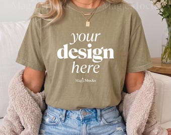 KHAKI Comfort Colors C1717 Tshirt Mockup Bundle | Female Model CC 1717 T-Shirt Mock-up | Cozy Fall Trendy Lifestyle Boho Aesthetic Shirt