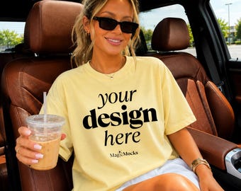 BUTTER Comfort Colors C1717 Tshirt Mockup | CC 1717 T-Shirt Mock-up | Lifestyle On Model In The Car Trendy Coquette Summer Shirt POD Mock