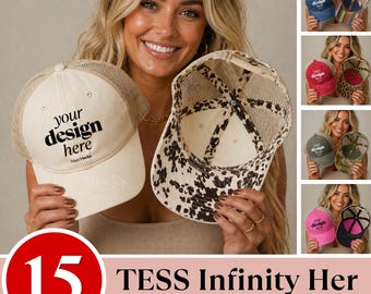 TESS Hat Mockup Bundle Infinity Her - Auf Modell Damen gewaschen Mesh-Back Trucker's Baseball Cap Mocks Multi Color Pack Mocks POD Mock-up