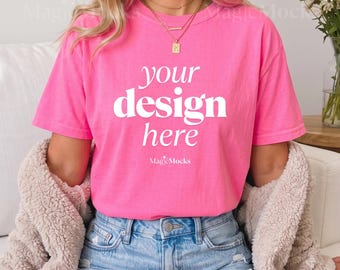 NEON PINK Comfort Colors C1717 Tshirt Mockup Bundle | Female Model CC 1717 T-Shirt Mock-up | Cozy Fall Trendy Lifestyle Boho Aesthetic Shirt