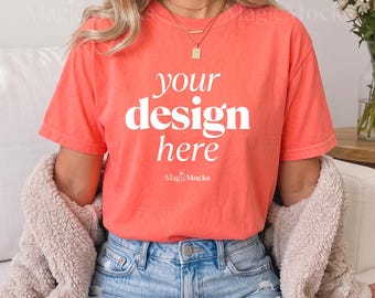 BRIGHT SALMON Comfort Colors C1717 Tshirt Mockup Bundle | Female Model CC 1717 T-Shirt Mock-up | Cozy Fall Trendy Lifestyle Boho Aesthetic