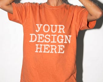 BURNT ORANGE Comfort Colors C1717 Tshirt Mockup | CC 1717 T-Shirt Mock-up | Realistic Studio Female Model Trendy Oversized Women Shirt Mock