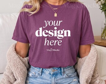 BERRY Comfort Colors C1717 Tshirt Mockup Bundle | Female Model CC 1717 T-Shirt Mock-up | Cozy Trendy Boho Aesthetic Lifestyle | Fall Shirt