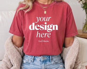 CRIMSON Comfort Colors C1717 Tshirt Mockup Bundle | Female Model CC 1717 T-Shirt Mock-up | Cozy Fall Trendy Lifestyle Boho Aesthetic Shirt