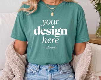 LIGHT GREEN Comfort Colors C1717 Tshirt Mockup Bundle | Female Model CC 1717 T-Shirt Mock-up | Cozy Fall Trendy Lifestyle Boho Aesthetic