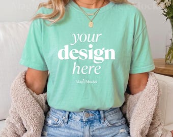 Paquete de maquetas de camisetas ISLAND REEF Comfort Colors C1717 / Maqueta de camiseta CC 1717 para modelo femenina / Estilo de vida acogedor y moderno de otoño con estética bohemia
