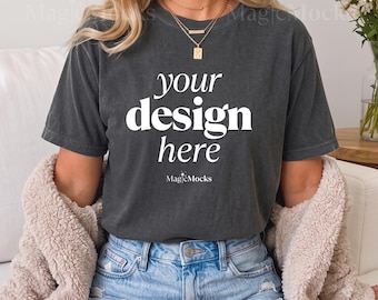 Paquete de maquetas de camisetas GRAPHITE Comfort Colors C1717 / Maqueta de camiseta CC 1717 para modelo femenina / Camiseta cómoda de estilo bohemio para otoño y moda