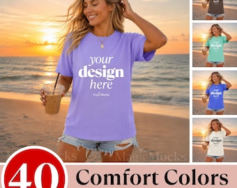 Comfort Colors 1717 Shirt Mockup Bundle C1717, Sommer Strand Trendiger Lebensstil am Modell T-Shirt Mock-up, Multi Color Pack, Tee POD Mocks