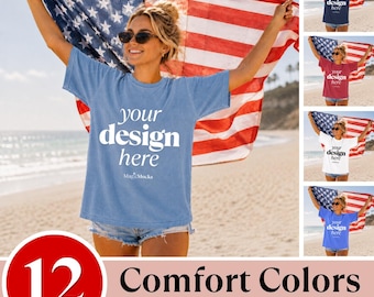 Comfort Colors 1717 Shirt Mockup Bundle C1717, 4. Juli Mockups, Patriotisches Modell Mockup, Americana Summer Beach Trendy Lifestyle Mockup