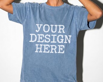 Comfort Colors C1717 BLUE JEAN Tshirt Mockup, CC 1717 T-Shirt Mock-up, Realistic Studio Female Model, Trendy Oversized Women Shirtdress Mock