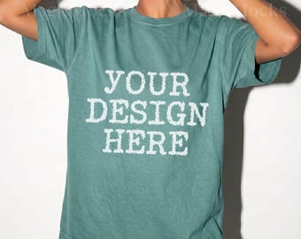 LIGHT GREEN Comfort Colors C1717 Tshirt Mockup | CC 1717 T-Shirt Mock-up | Realistic Studio Female Model | Trendy Oversized Women Shirt Mock