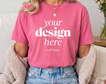 Paquete de maquetas de camisetas CRUNCHBERRY Comfort Colors C1717 / Maqueta de camiseta CC 1717 para modelo femenina / Estilo de vida acogedor y moderno de otoño con estética bohemia