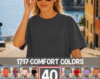 Comfort Colors 1717 Shirt Mockup Bundle C1717, Summer Mediterranean Trendy Lifestyle Model on Scooter T-shirt Mock-up, POD Multi Color Pack
