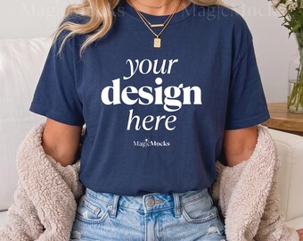 NAVY Comfort Colors C1717 Tshirt Mockup Bundle | Female Model CC 1717 T-Shirt Mock-up | Cozy Fall Trendy Lifestyle Boho Aesthetic Shirt