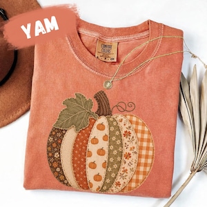 Herbstliches Sweatshirt mit Patchwork-Kürbismuster, Comfort Colors Herbst-Thanksgiving-Shirt, Damen-Rundhalspullover, kariertes Kürbis-T-Shirt, süßes Geschenk