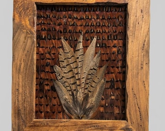 Artisan Feather Fan Art: Unique Pheasant Plumage in Wood Frame