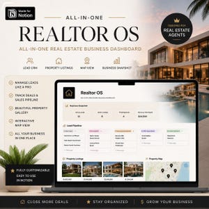 May include: A laptop displays the "Realtor OS" dashboard, designed for real estate agents. The screen shows property listings, a map view, and business analytics. The image includes text that says "All-in-one" and "Manage leads like a pro."